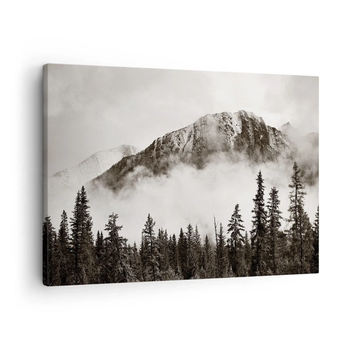 Schilderen op canvas - Een pittoreske bergtop omgeven door mist en een sepiakleurig bos - 70x50cm - Granieten liniaal - Moderne wanddecoratie voor woonkamer en slaapkamer ARTTOR