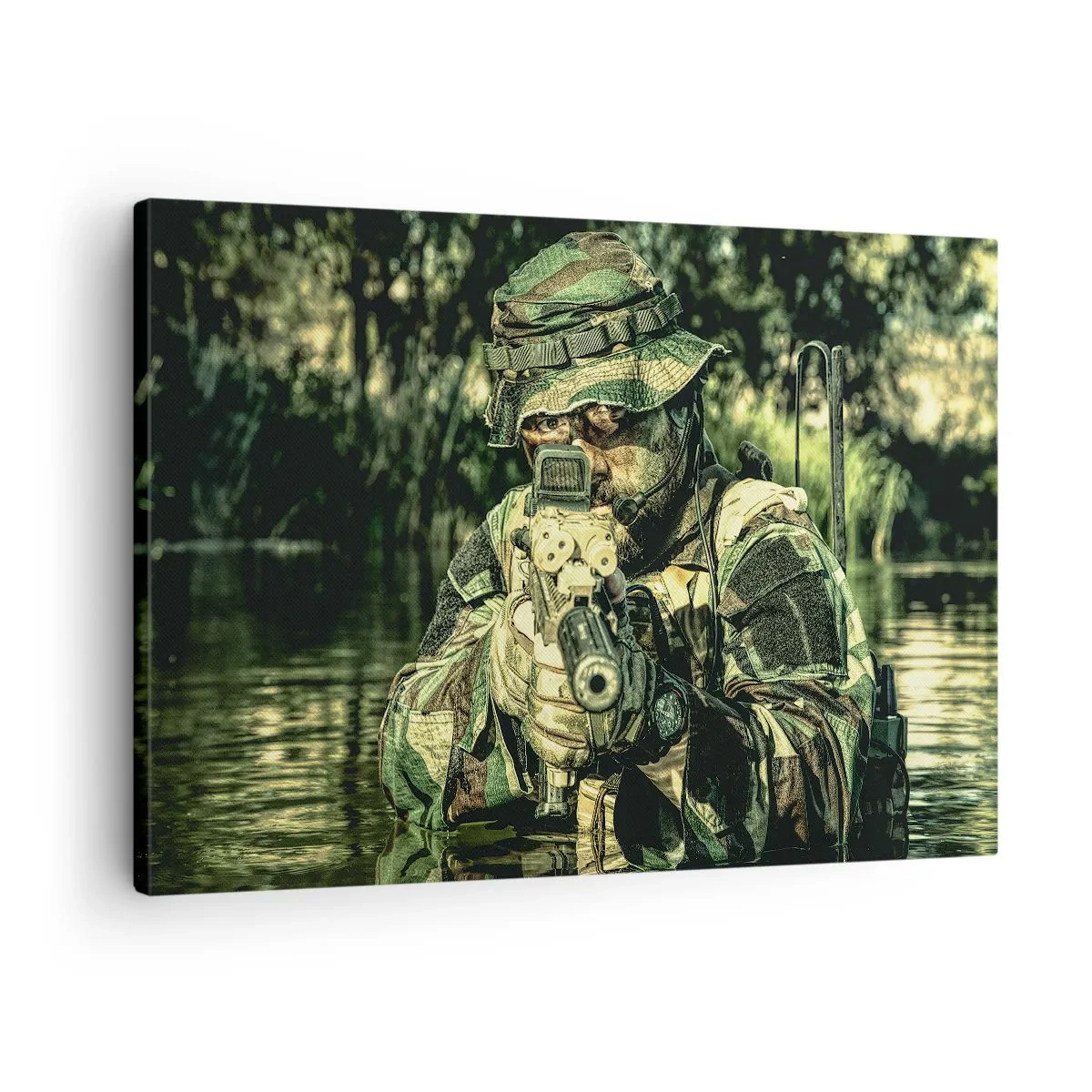 Schilderen op canvas - Een soldaat in camouflage richt zich door het water. - 70x50cm - Het beste van het beste - Moderne wanddecoratie voor woonkamer en slaapkamer ARTTOR