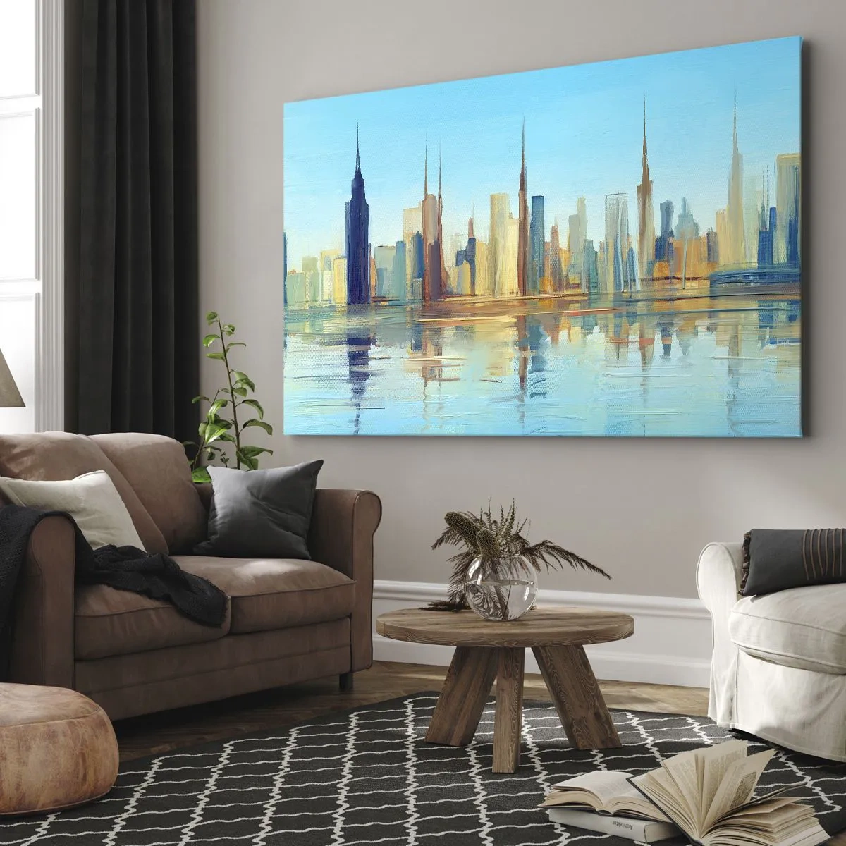 Schilderen op canvas - Een panorama van de stad in warme kleuren met weerspiegeling in het water - 70x50cm - Een zonnige metropool - Moderne wanddecoratie voor woonkamer en slaapkamer ARTTOR