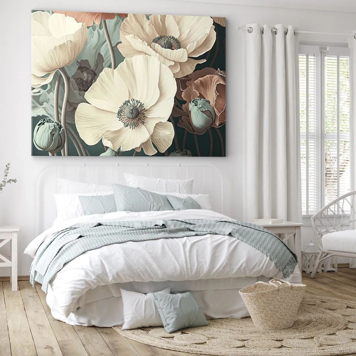 Schilderen op canvas - Elegante bloemen in pasteltinten op een groene achtergrond - 70x50cm - Het gefluister van klaprozen - Moderne wanddecoratie voor woonkamer en slaapkamer ARTTOR