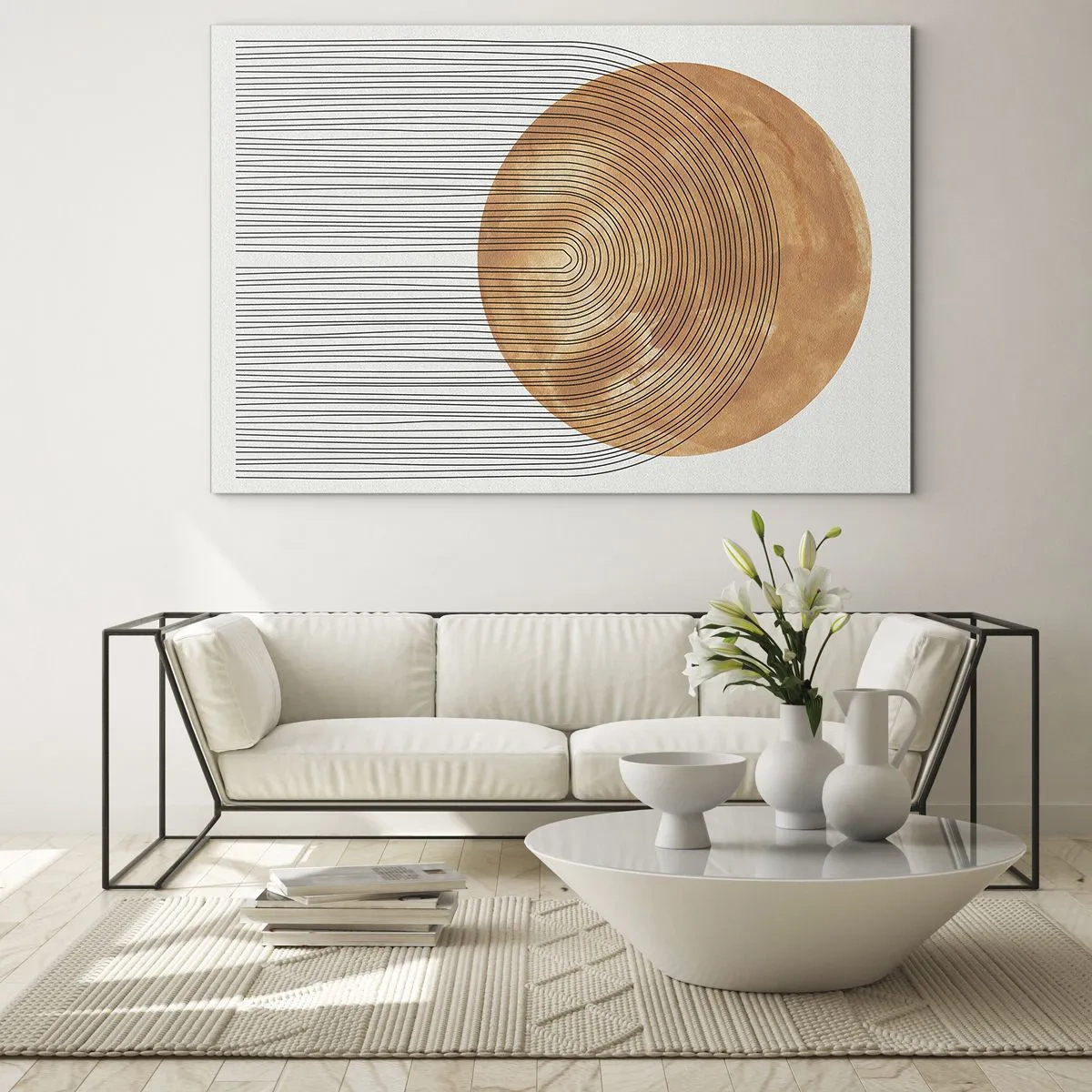 Schilderen op glas - Geometrische vorm met concentrische lijnen en een gouden cirkel - 70x50cm - Zonnige compositie - Moderne wanddecoratie voor woonkamer en slaapkamer ARTTOR