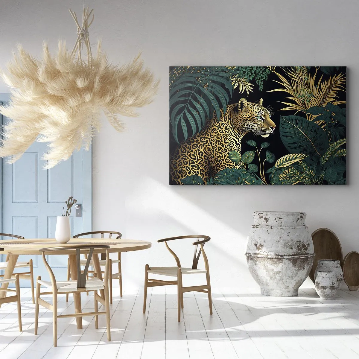 Schilderen op canvas - Luipaard in tropische bladeren op een zwarte achtergrond - 70x50cm - Een gastheer in de jungle - Moderne wanddecoratie voor woonkamer en slaapkamer ARTTOR