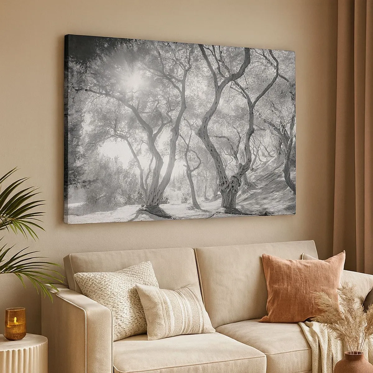 Schilderen op canvas - Zwart-witbeeld van bomen in een olijfgaard met zonnestralen - 70x50cm - In de olijfboomgaard - Moderne wanddecoratie voor woonkamer en slaapkamer ARTTOR