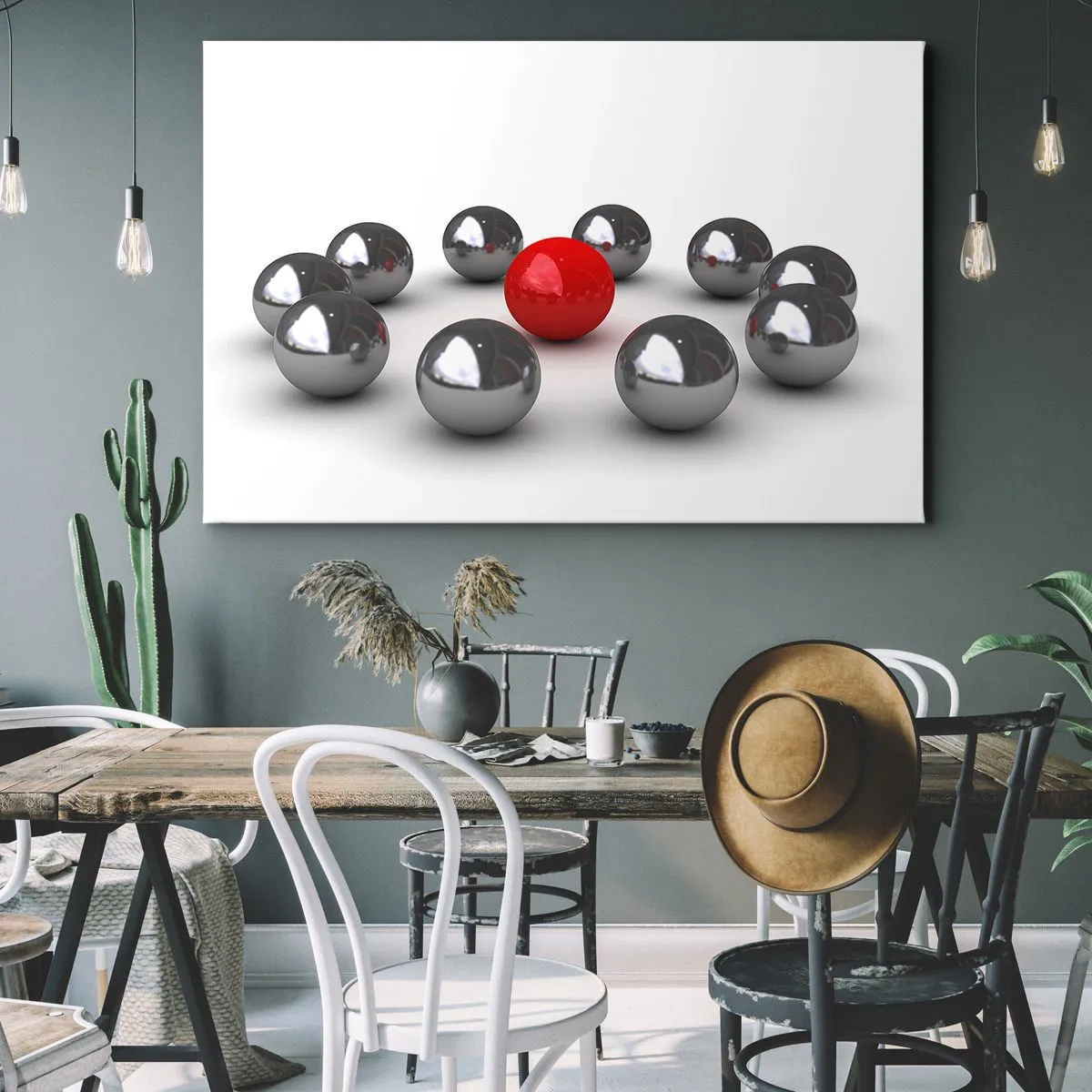 Schilderen op canvas - Een rode bal omringd door zilveren ballen op een witte achtergrond - 70x50cm - Een cirkel in zilver en rood - Moderne wanddecoratie voor woonkamer en slaapkamer ARTTOR