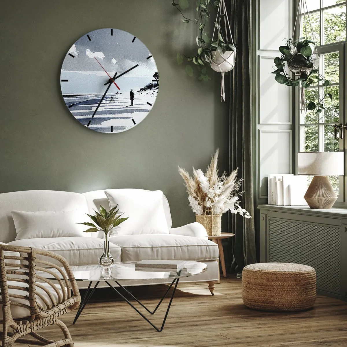 Wandklok - Klok - Silhouet van een persoon die alleen over het strand loopt in grijze en blauwe tinten - 30x30cm - Alleen - Moderne wanddecoratie voor woonkamer, keuken en slaapkamer ARTTOR