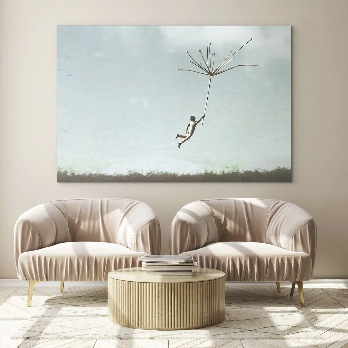 Schilderen op glas - Een jongen vliegt met een paardenbloemzaadje over een weide - 70x50cm - Vliegers, paardebloemen, wind - Moderne wanddecoratie voor woonkamer en slaapkamer ARTTOR