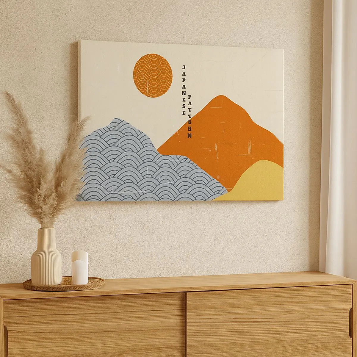 Schilderen op canvas - Japanse patronen met bergen, zon en minimalistische stijl - 70x50cm - In de Japanse spirit - Moderne wanddecoratie voor woonkamer en slaapkamer ARTTOR