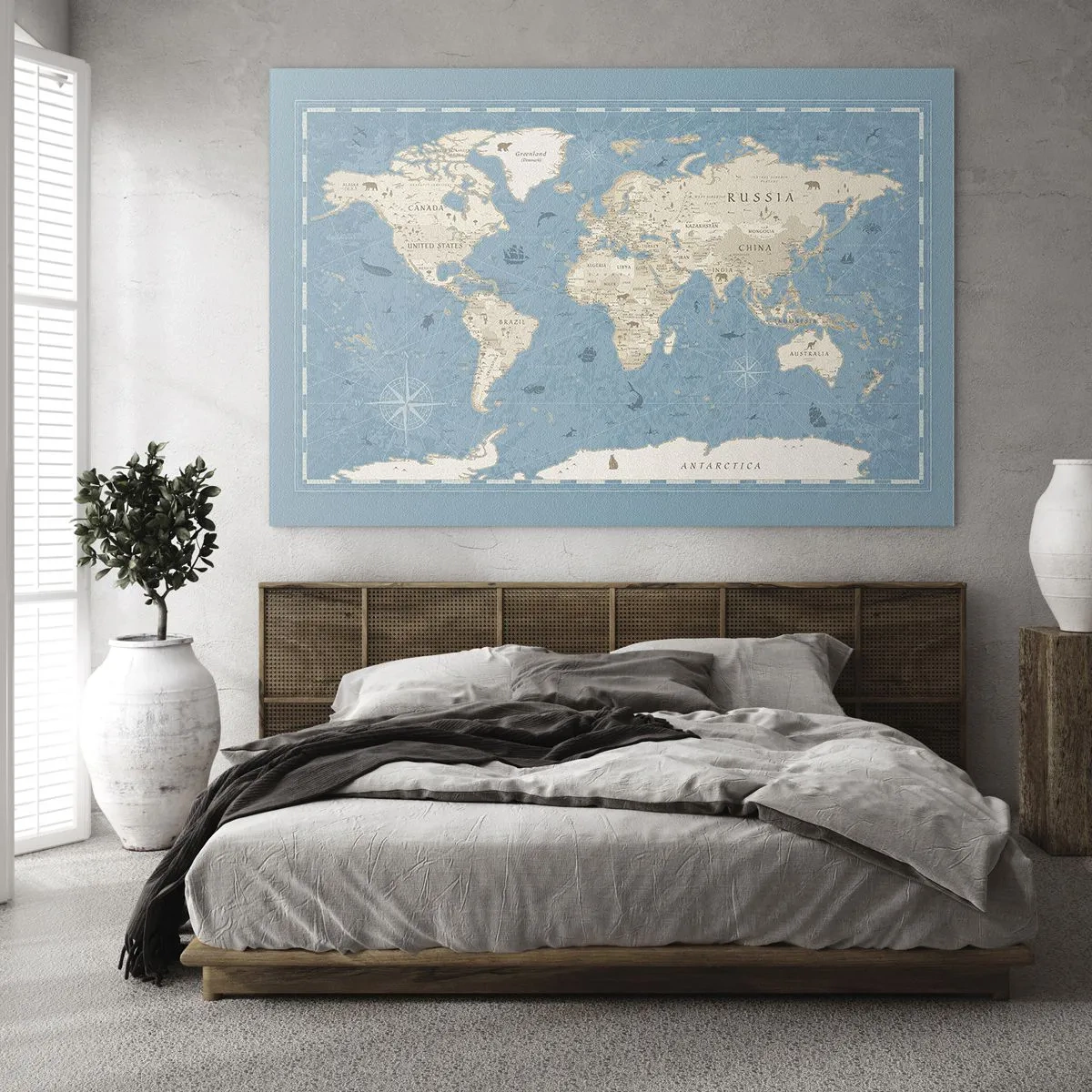 Schilderen op glas - Gestileerde wereldkaart op een blauwe achtergrond - 70x50cm - De wereld binnen handbereik - Moderne wanddecoratie voor woonkamer en slaapkamer ARTTOR