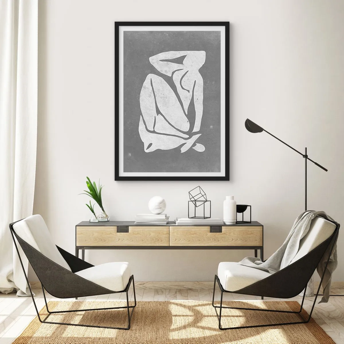 Poster in een zwarte lijst - Een minimalistisch silhouet van een vrouw in grijstinten - 50x70cm - In reflectie - Moderne wanddecoratie voor woonkamer en slaapkamer ARTTOR