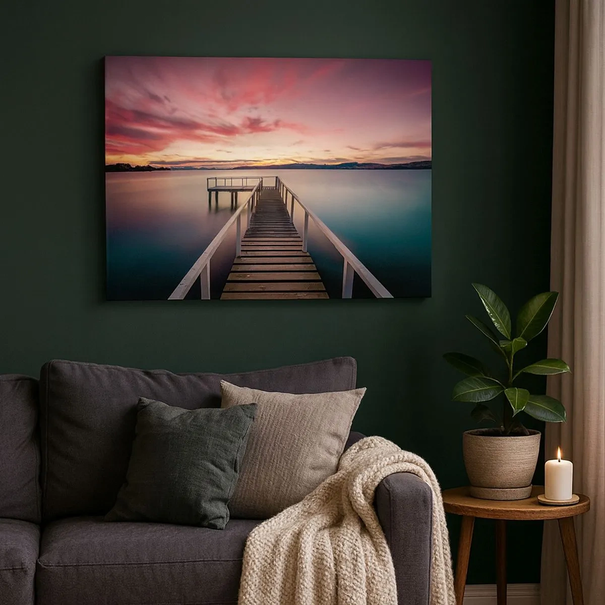 Schilderen op canvas - Een steiger die naar een rustig meer leidt bij zonsondergang - 70x50cm - De zachte vlam van de avond - Moderne wanddecoratie voor woonkamer en slaapkamer ARTTOR