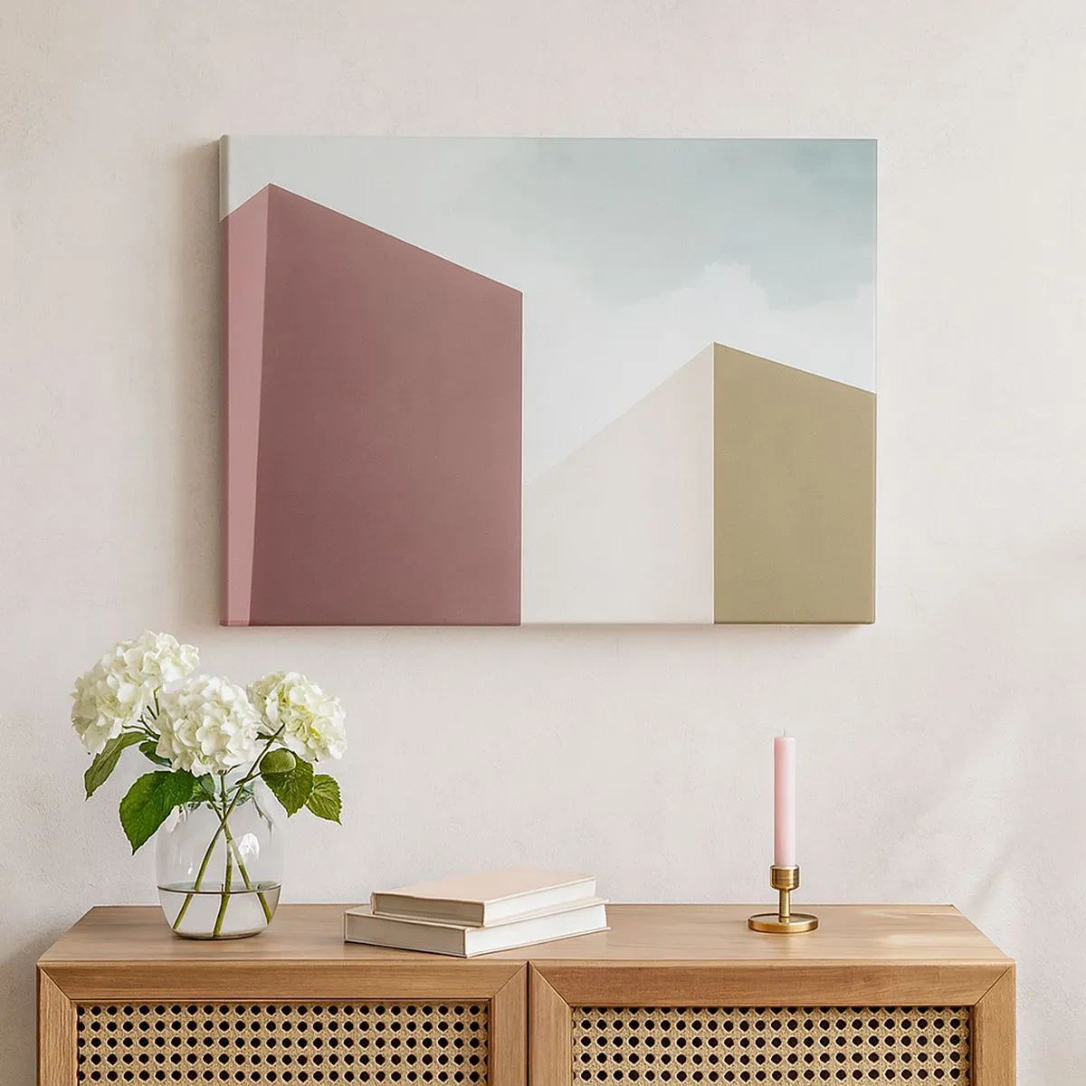 Schilderen op canvas - Minimalistische architectuur met pastelkleurige blokken en lucht - 70x50cm - De geometrie van een zonnige zomer - Moderne wanddecoratie voor woonkamer en slaapkamer ARTTOR