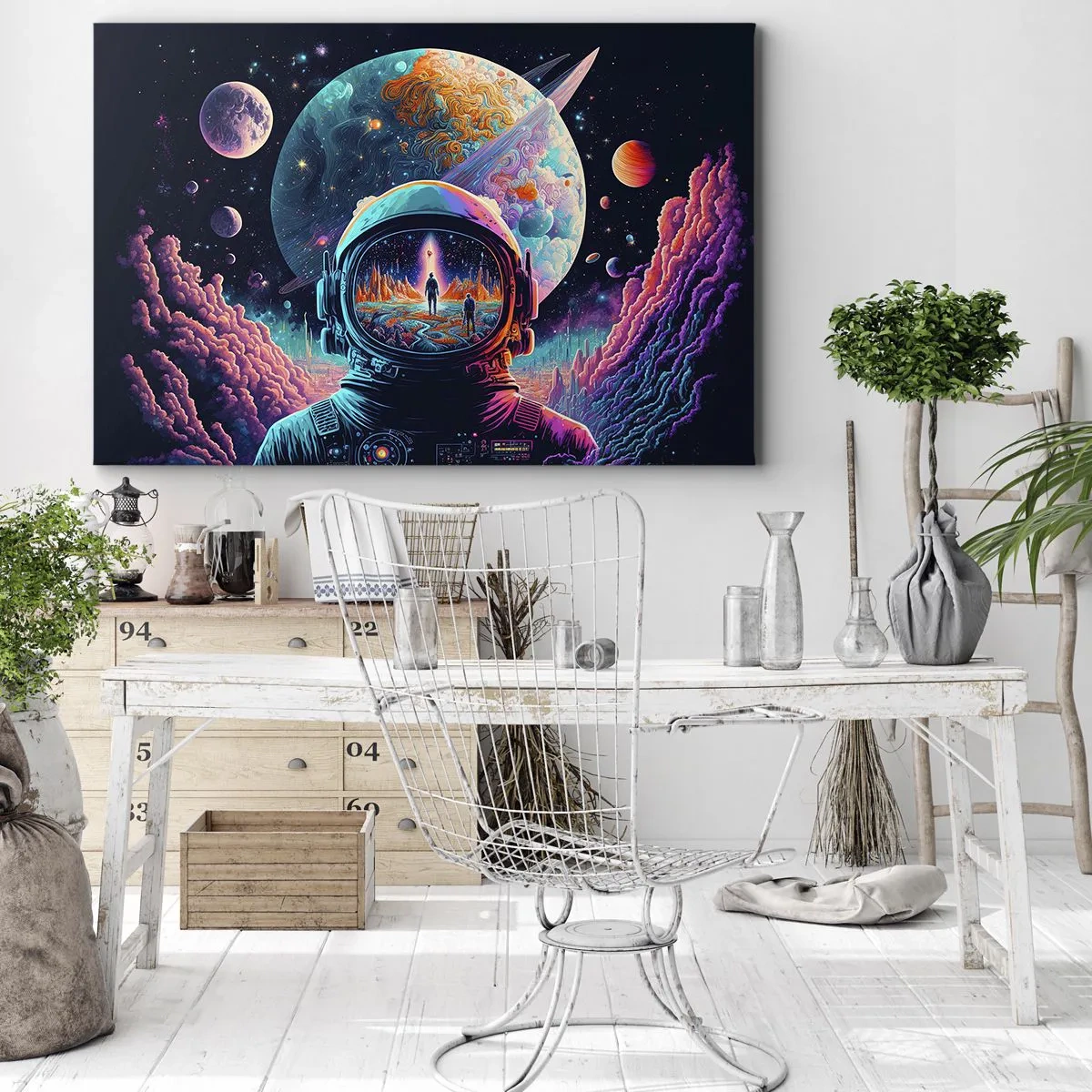 Schilderen op canvas - Astronaut in de ruimte met een kleurrijk planetair landschap - 70x50cm - Filosofen hebben er niet van gedroomd - Moderne wanddecoratie voor woonkamer en slaapkamer ARTTOR