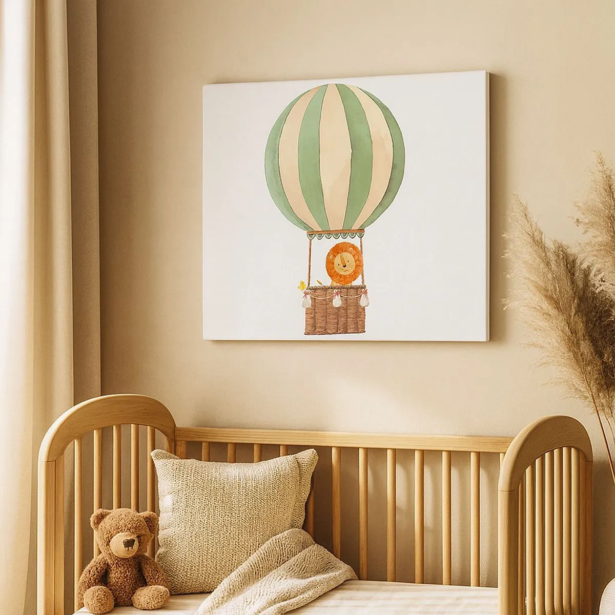 Schilderen op canvas - Een ballon met een lachende leeuw in een pastelkleurige mand - 70x50cm - Leons reizen - Moderne wanddecoratie voor woonkamer en slaapkamer ARTTOR
