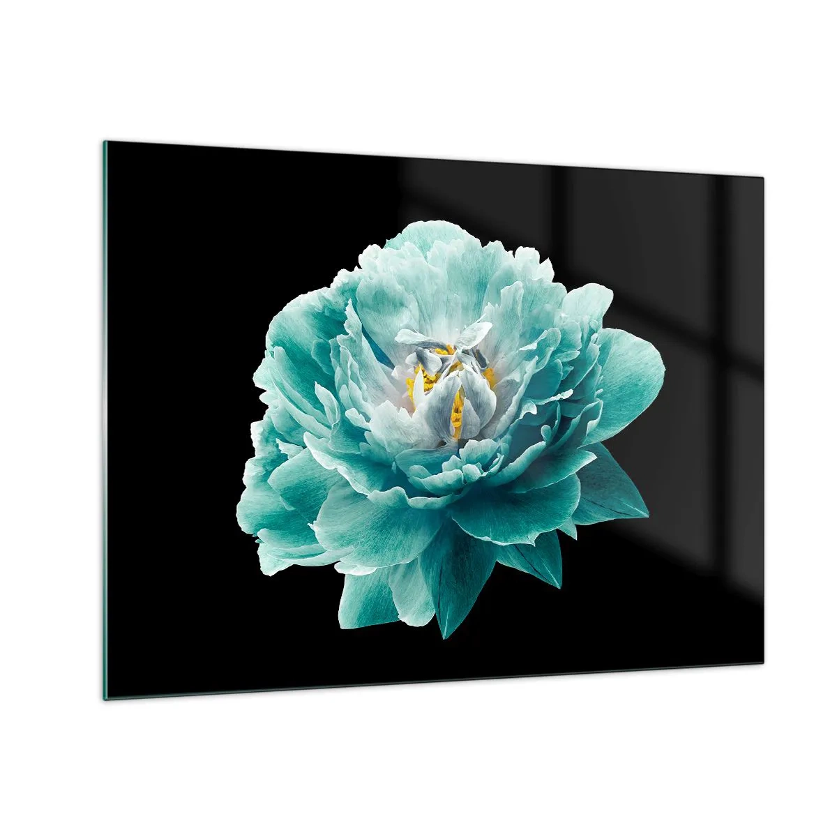 Schilderen op glas - Een turquoise bloem met een geel hart op een zwarte achtergrond in een glamoureuze stijl. - 70x50cm - Blauwe en gouden bloemblaadjes - Moderne wanddecoratie voor woonkamer en slaapkamer ARTTOR