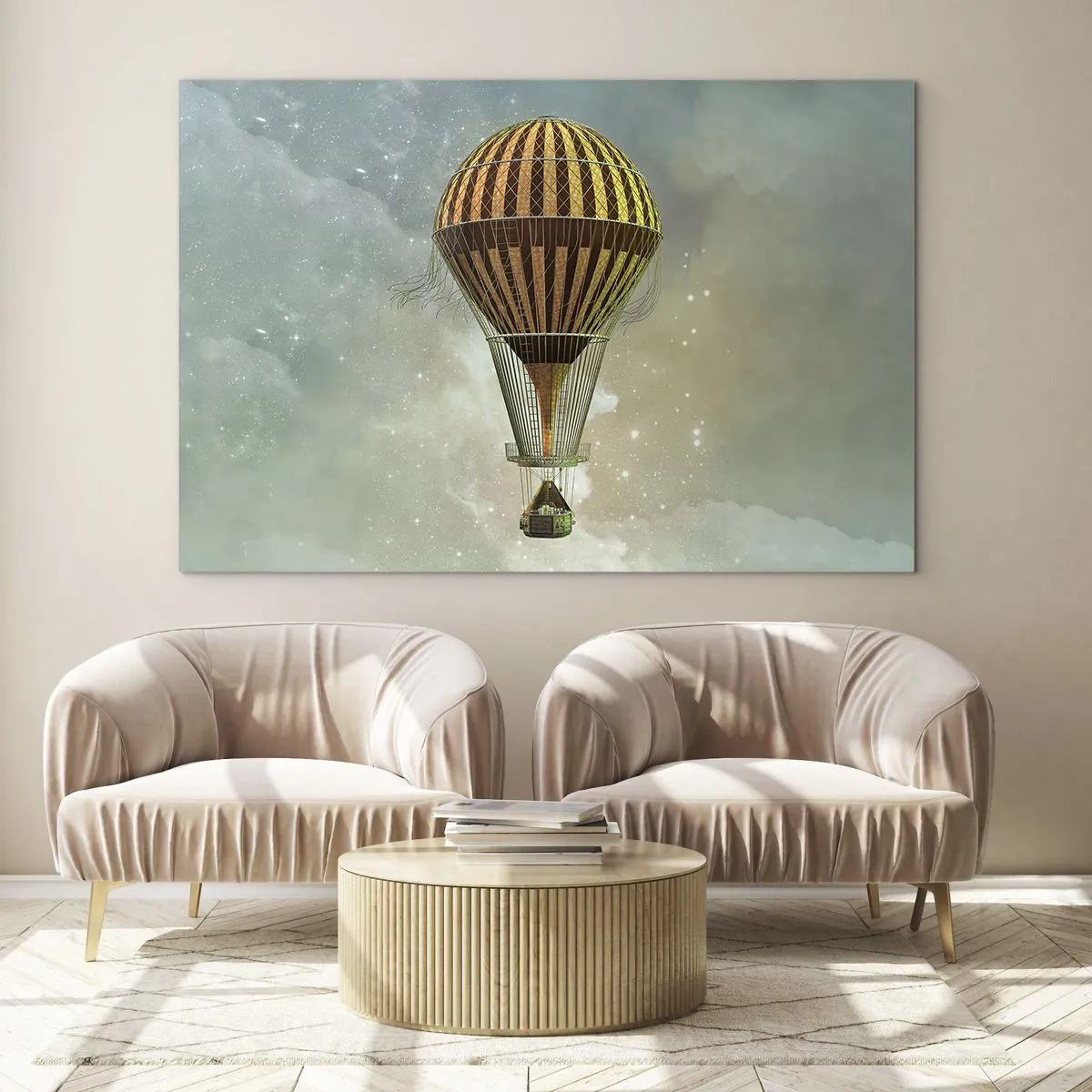 Schilderen op glas - Een gestileerde ballon tegen de achtergrond van een sterrenhemel en wolken. - 70x50cm - Baanbrekende vluchten - Moderne wanddecoratie voor woonkamer en slaapkamer ARTTOR