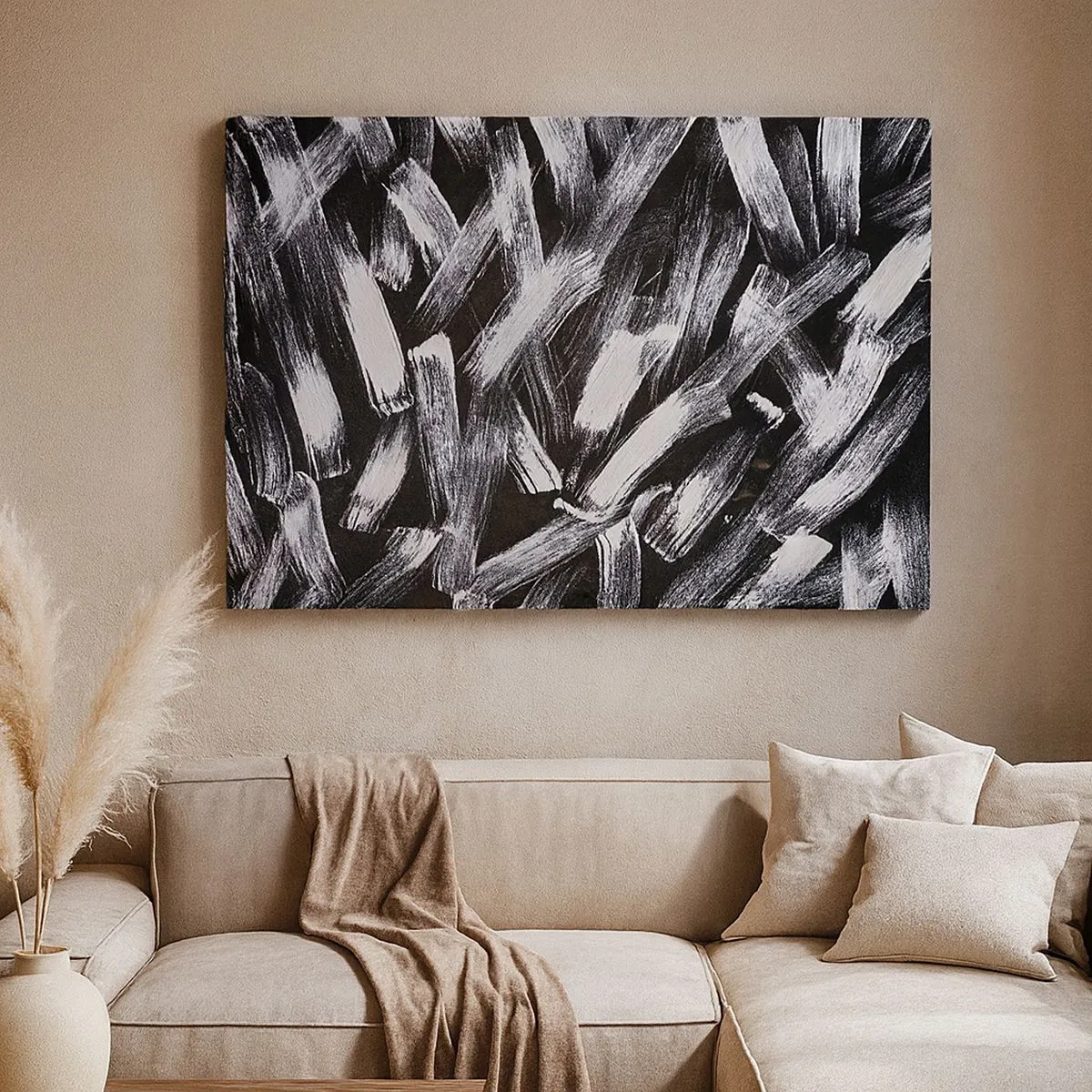 Schilderen op canvas - Dynamische abstractie met witte penseelstreken op een zwarte achtergrond. - 70x50cm - Abstractie in de industriële spirit - Moderne wanddecoratie voor woonkamer en slaapkamer ARTTOR