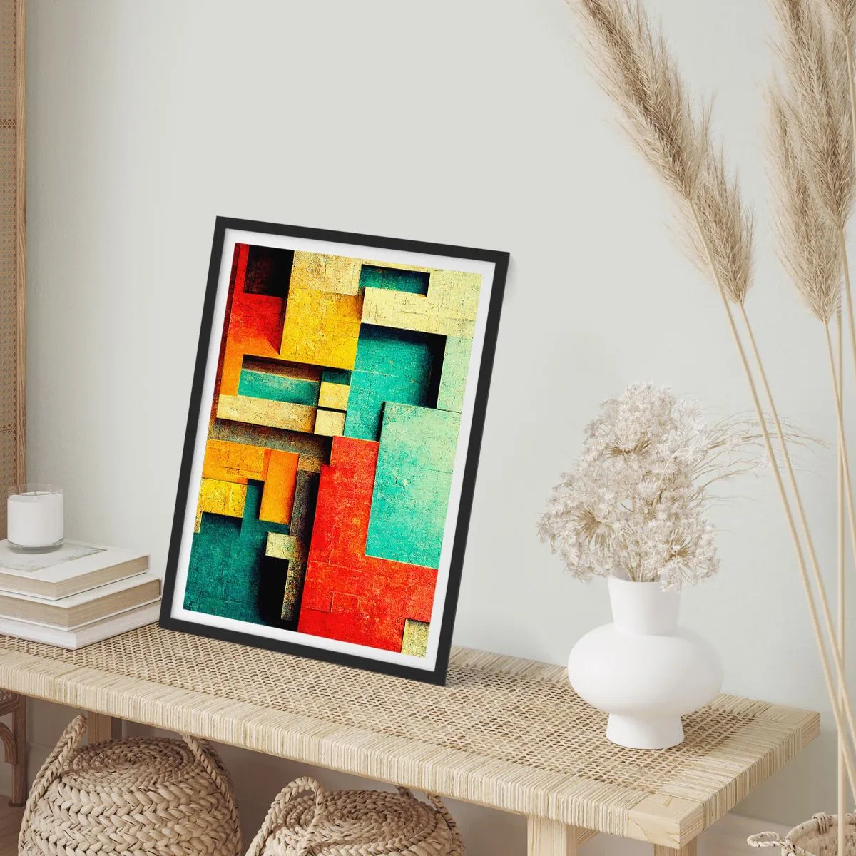 Poster in een zwarte lijst - Geometrische abstractie in levendige kleuren - 50x70cm - Festival van rechte hoeken - Moderne wanddecoratie voor woonkamer en slaapkamer ARTTOR