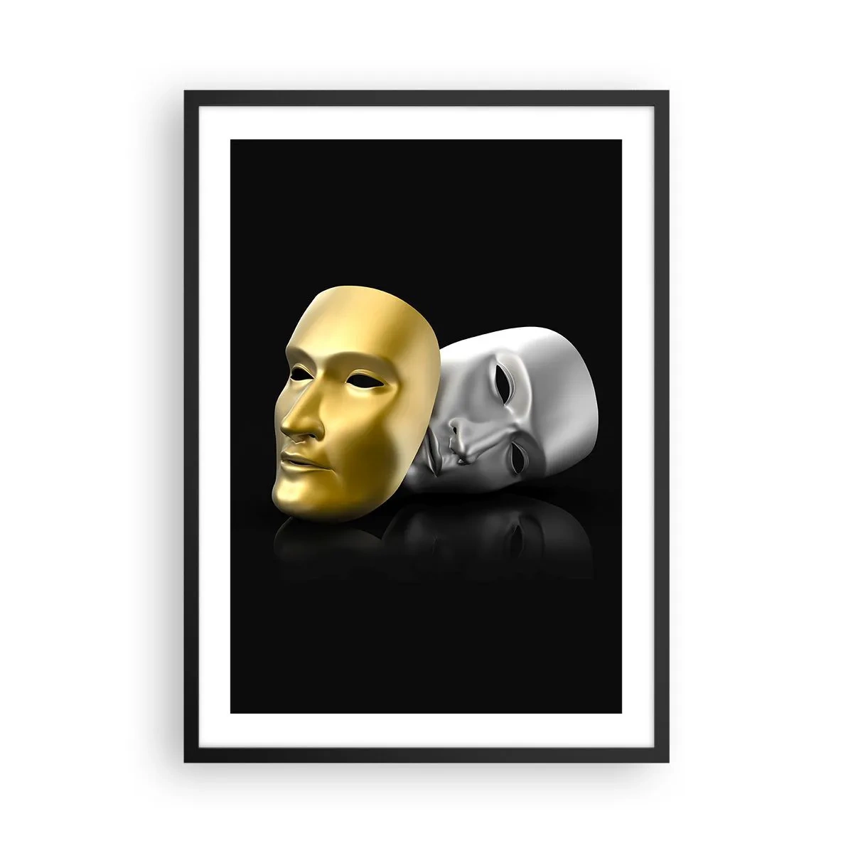 Poster in een zwarte lijst - Goud en zilveren masker op een zwarte achtergrond - 50x70cm - Het leven is theater - Moderne wanddecoratie voor woonkamer en slaapkamer ARTTOR
