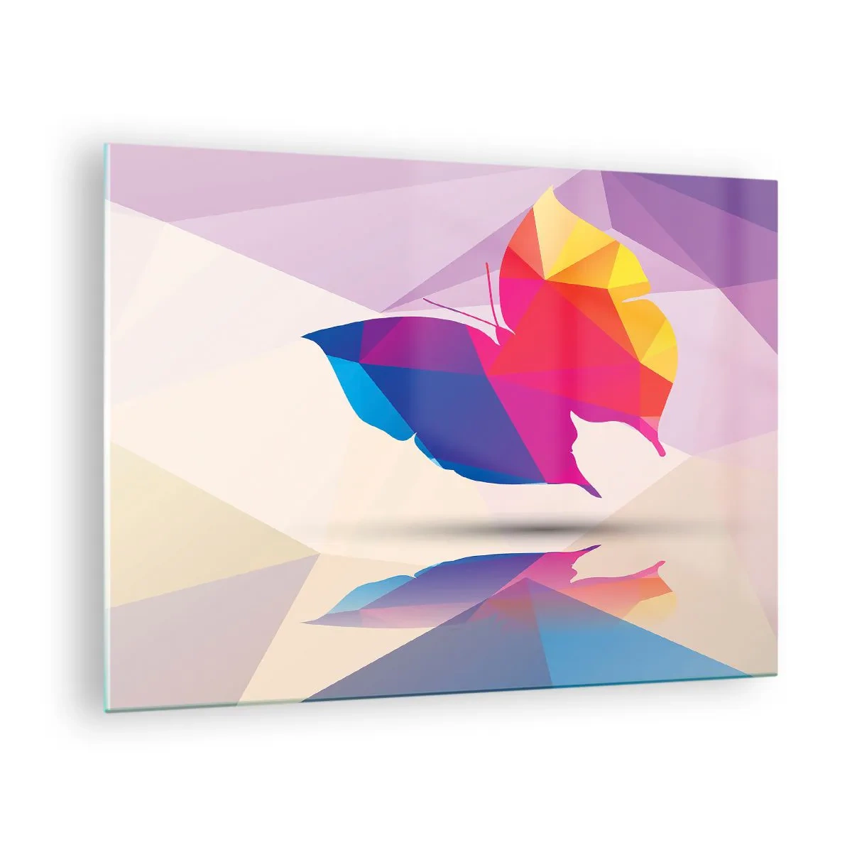 Schilderen op glas - Geometrische vlinder in heldere kleurrijke abstractie - 70x50cm - Vlinder regenboog - Moderne wanddecoratie voor woonkamer en slaapkamer ARTTOR