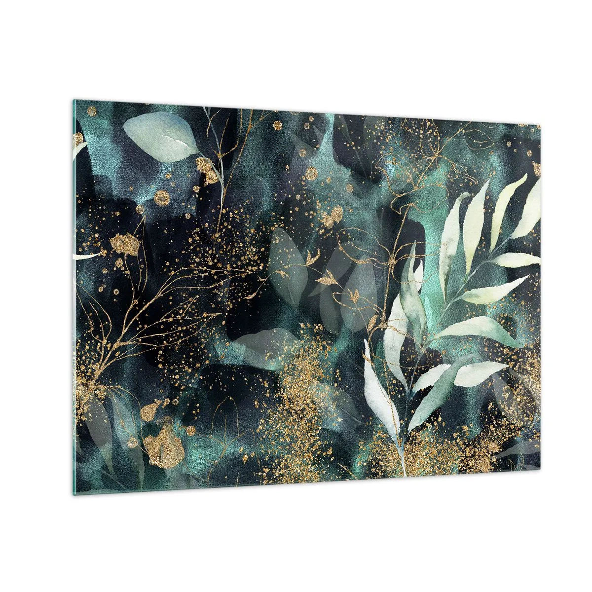 Schilderen op glas - Goud en groene bladeren op een donkere achtergrond - 70x50cm - Magische tuin - Moderne wanddecoratie voor woonkamer en slaapkamer ARTTOR