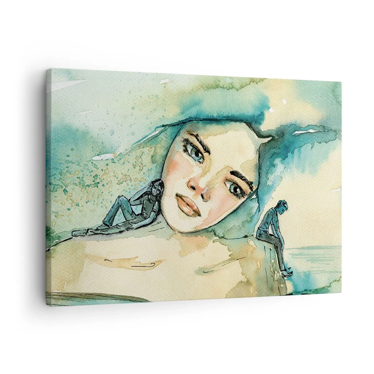 Schilderen op canvas - Aquarel van een vrouwengezicht met een reflecterend motief - 70x50cm - Ben ik blauw? - Moderne wanddecoratie voor woonkamer en slaapkamer ARTTOR