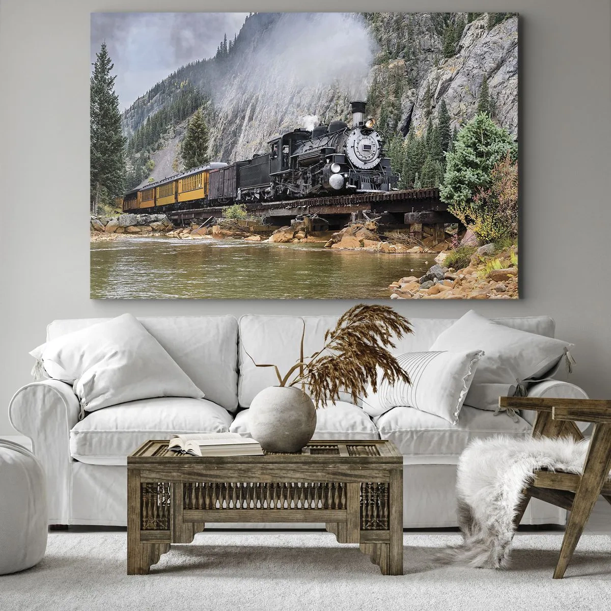 Schilderen op canvas - Een stoomlocomotief op een brug in een schilderachtig berglandschap - 70x50cm - Waar wil je naar toe? Waar naar toe? - Moderne wanddecoratie voor woonkamer en slaapkamer ARTTOR