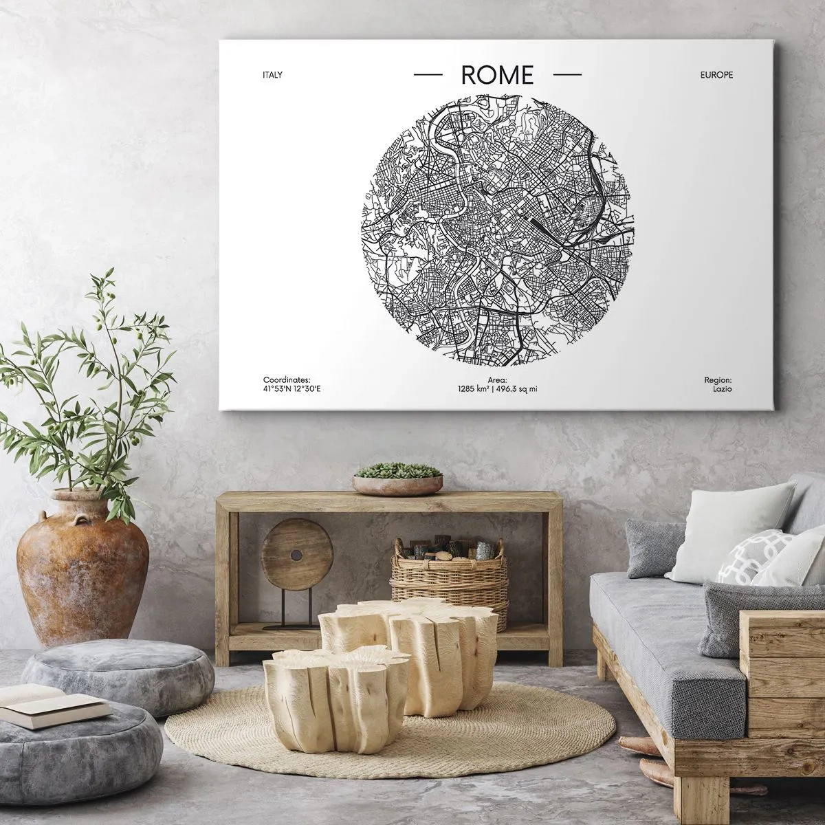 Schilderen op canvas - Een kaart van Rome in minimalistische zwart-witstijl - 70x50cm - Anatomie van Rome - Moderne wanddecoratie voor woonkamer en slaapkamer ARTTOR