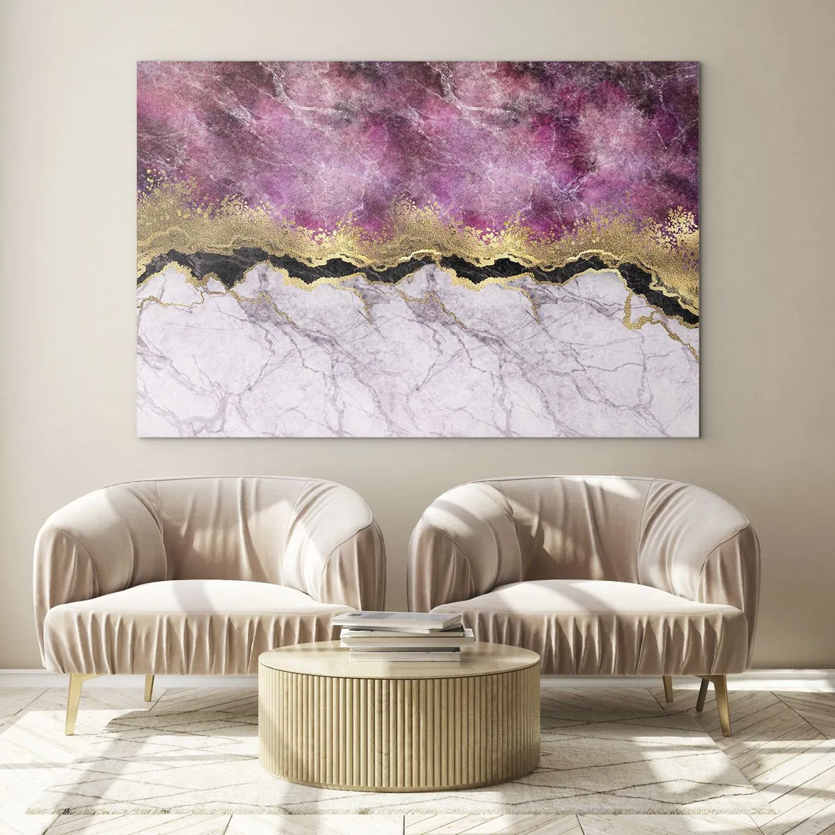 Schilderen op glas - Abstracte marmeren compositie met gouden en paarse accenten - 70x50cm - Op de grens - Moderne wanddecoratie voor woonkamer en slaapkamer ARTTOR