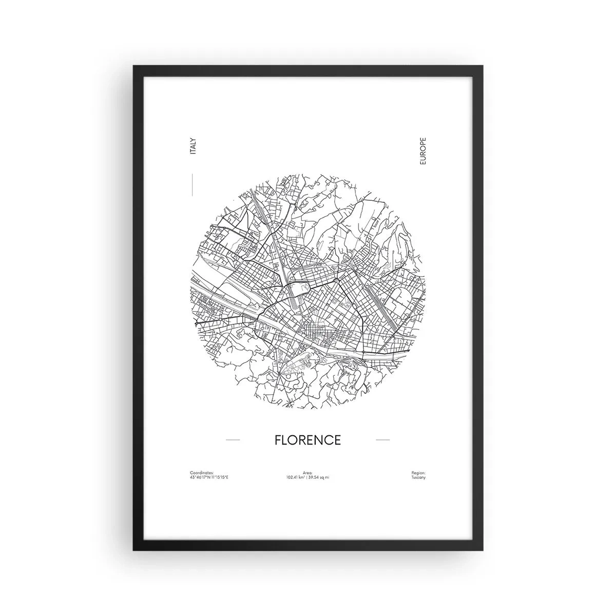 Poster in een zwarte lijst - Een minimalistische kaart van Florence in zwart-wit. - 50x70cm - Anatomie van Florencia - Moderne wanddecoratie voor woonkamer en slaapkamer ARTTOR