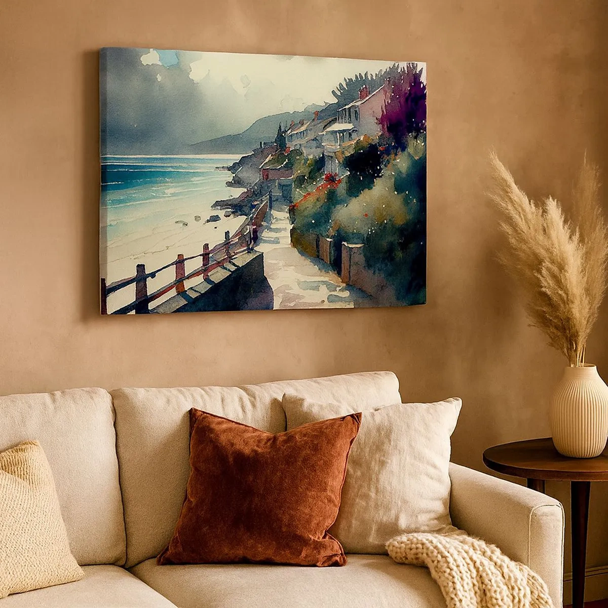 Schilderen op canvas - Zeeboulevard met huizen en vegetatie - 70x50cm - Mediterrane stad - Moderne wanddecoratie voor woonkamer en slaapkamer ARTTOR