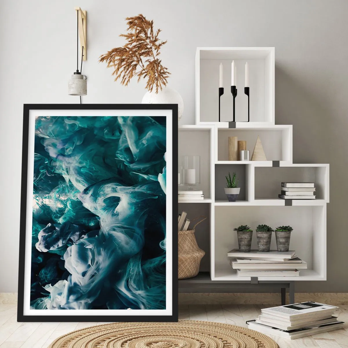 Poster in een zwarte lijst - Een abstracte compositie van wervelende kleuren in tinten groen en blauw. - 50x70cm - De nobele kilheid van steen - Moderne wanddecoratie voor woonkamer en slaapkamer ARTTOR