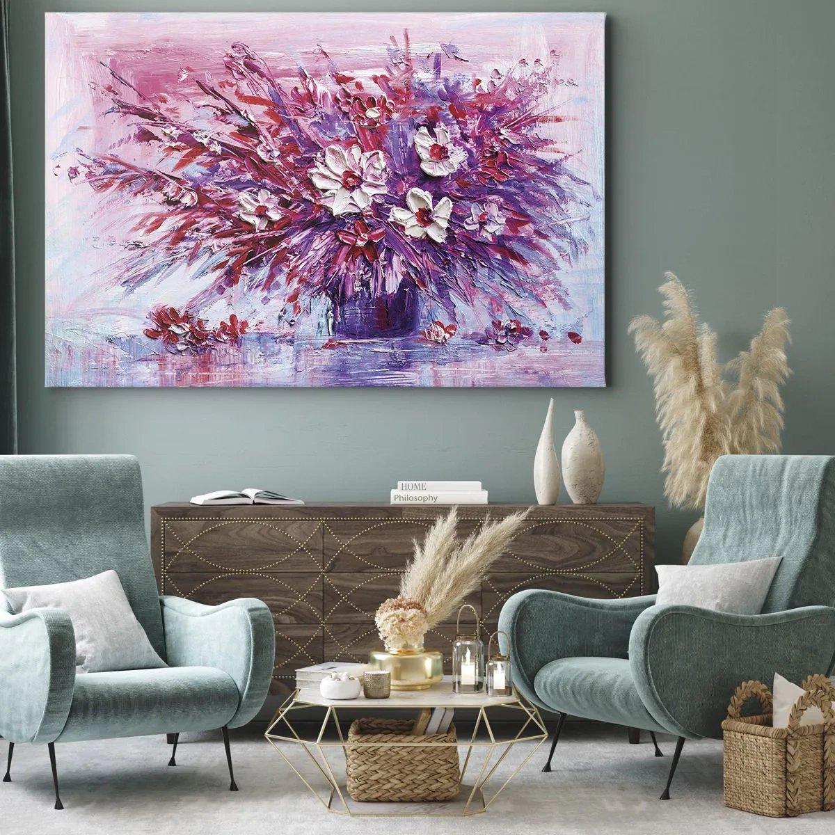 Schilderen op canvas - Een kleurrijk boeket bloemen in tinten roze en paars - 70x50cm - Onschuld en passie - Moderne wanddecoratie voor woonkamer en slaapkamer ARTTOR