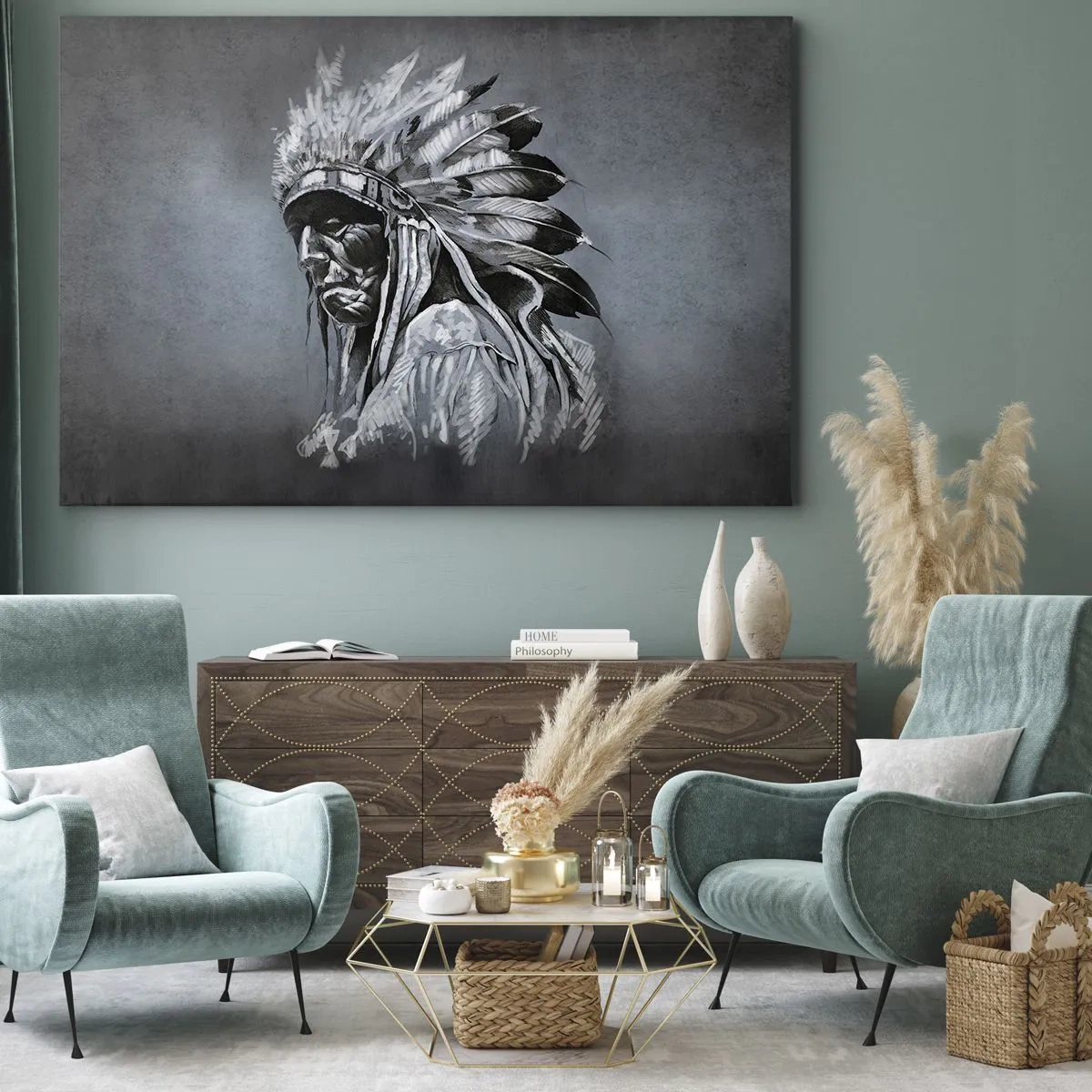 Schilderen op canvas - Portret van een Indiaanse opperhoofd met een traditionele hoofdtooi - 70x50cm - Keer terug naar de wortels - Moderne wanddecoratie voor woonkamer en slaapkamer ARTTOR