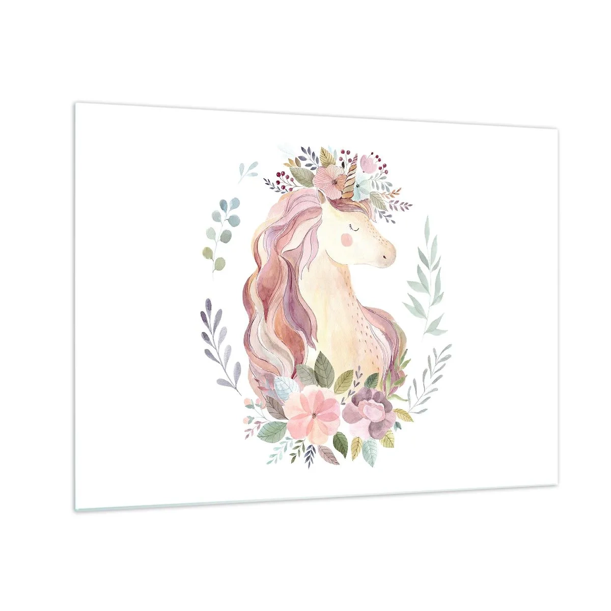 Schilderen op glas - Een cartoon eenhoorn met een pastelkleurige bloemenmanen - 70x50cm - Een uitnodiging in de wereld van sprookjes - Moderne wanddecoratie voor woonkamer en slaapkamer ARTTOR