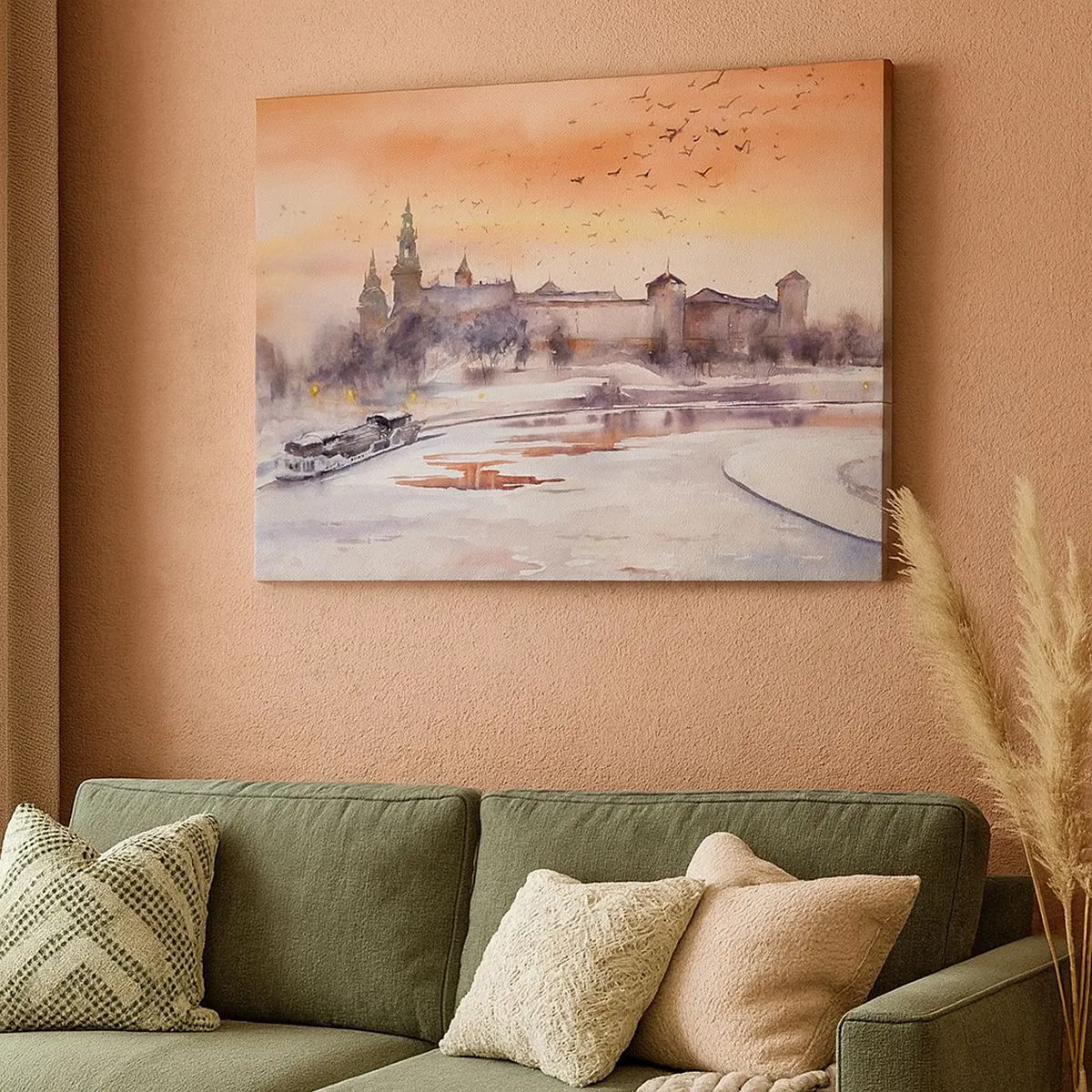 Schilderen op canvas - Zonsondergang boven het kasteel in een winterlandschap - 70x50cm - Koninklijke zonsondergang - Moderne wanddecoratie voor woonkamer en slaapkamer ARTTOR