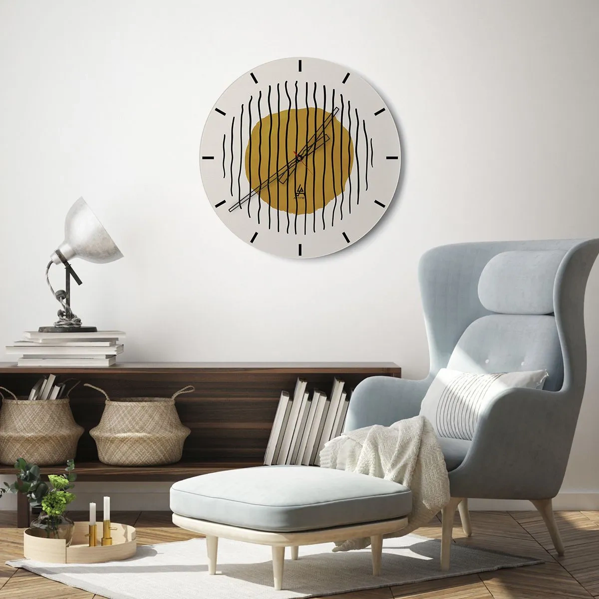 Wandklok - Klok - Een geeloranje cirkel omgeven door zwarte golvende lijnen - 30x30cm - Abstractie trillend van warmte - Moderne wanddecoratie voor woonkamer, keuken en slaapkamer ARTTOR