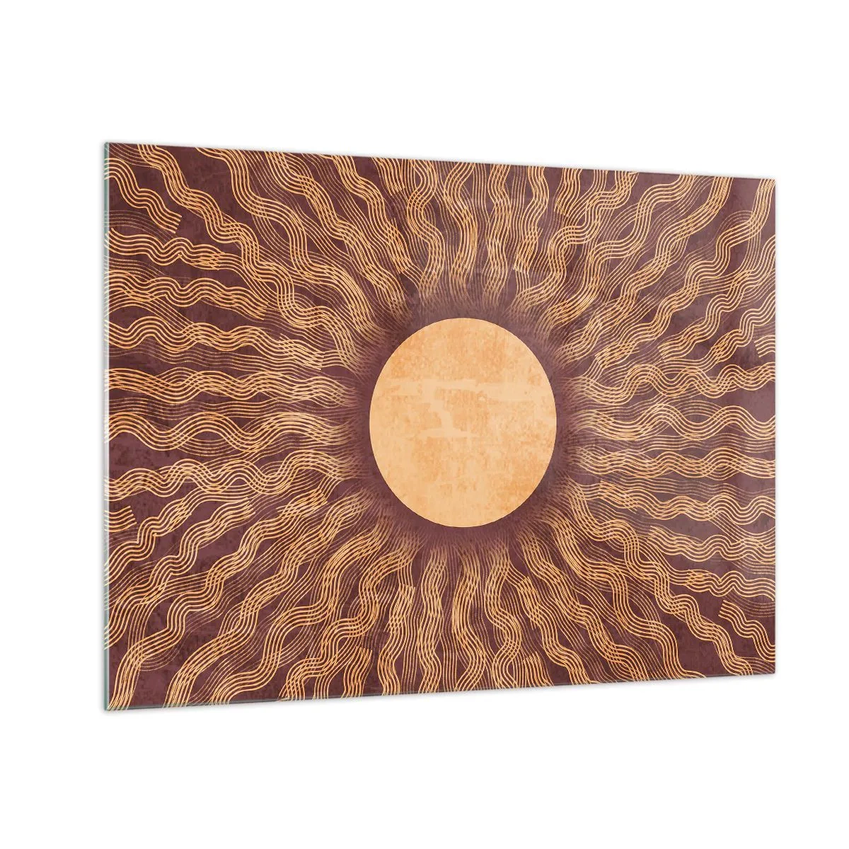 Schilderen op glas - Een gestileerde zon met stralen in de vorm van golvende lijnen op een bruine achtergrond. - 70x50cm - Zon icoon - Moderne wanddecoratie voor woonkamer en slaapkamer ARTTOR