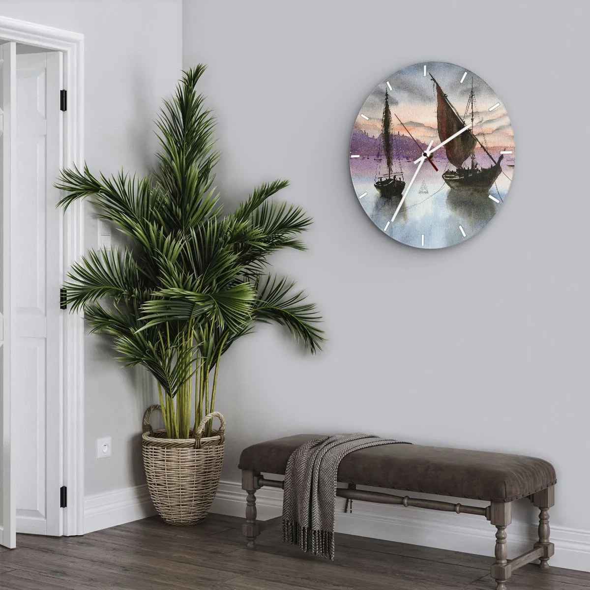Wandklok - Klok - Zeilschepen op het water bij zonsondergang - 30x30cm - Avond in de haven - Moderne wanddecoratie voor woonkamer, keuken en slaapkamer ARTTOR
