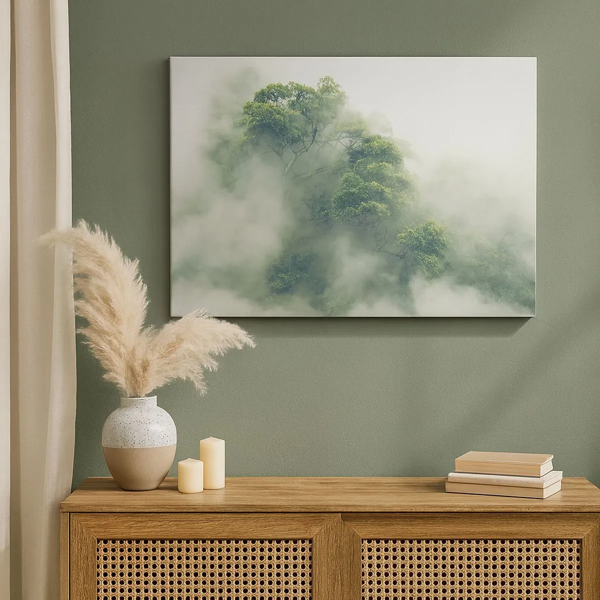 Schilderen op canvas - Groene bomen in dikke mist tegen een natuurlijke achtergrond - 70x50cm - In mist gehuld - Moderne wanddecoratie voor woonkamer en slaapkamer ARTTOR