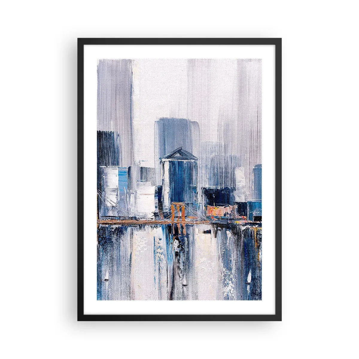 Poster in een zwarte lijst - Abstract stadsgezicht in tinten blauw en wit - 50x70cm - New Yorkse impressie - Moderne wanddecoratie voor woonkamer en slaapkamer ARTTOR
