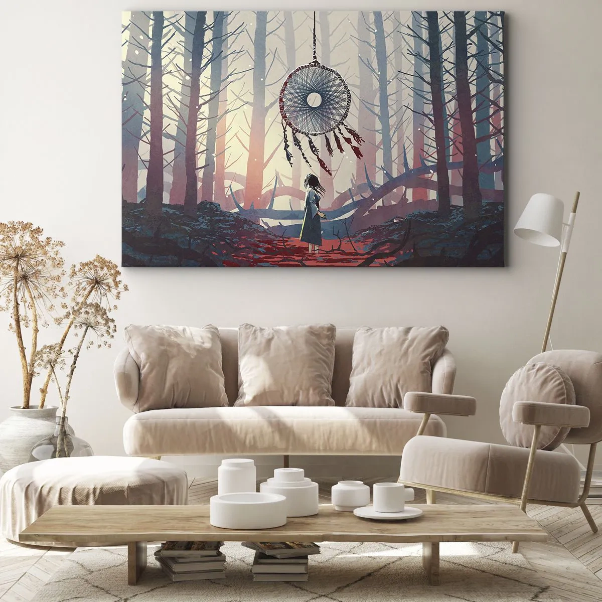 Schilderen op canvas - Bosgezicht met een gigantische dromenvanger - 70x50cm - Een geheim ritueel van geluk - Moderne wanddecoratie voor woonkamer en slaapkamer ARTTOR