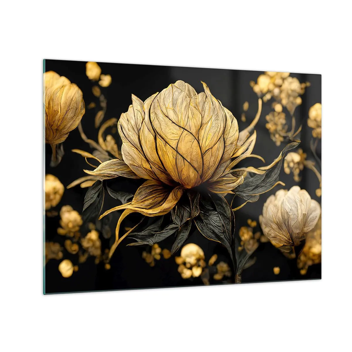 Schilderen op glas - Gouden bloemen op een zwarte achtergrond in een elegante compositie - 70x50cm - Subtiele kwetsbaarheid - Moderne wanddecoratie voor woonkamer en slaapkamer ARTTOR