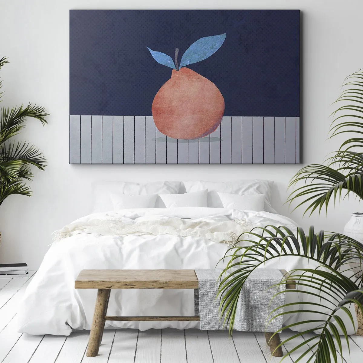 Schilderen op canvas - Abstract fruit tegen een achtergrond van contrasterende kleuren en rechte lijnen. - 70x50cm - Convexiteit en vlak - Moderne wanddecoratie voor woonkamer en slaapkamer ARTTOR