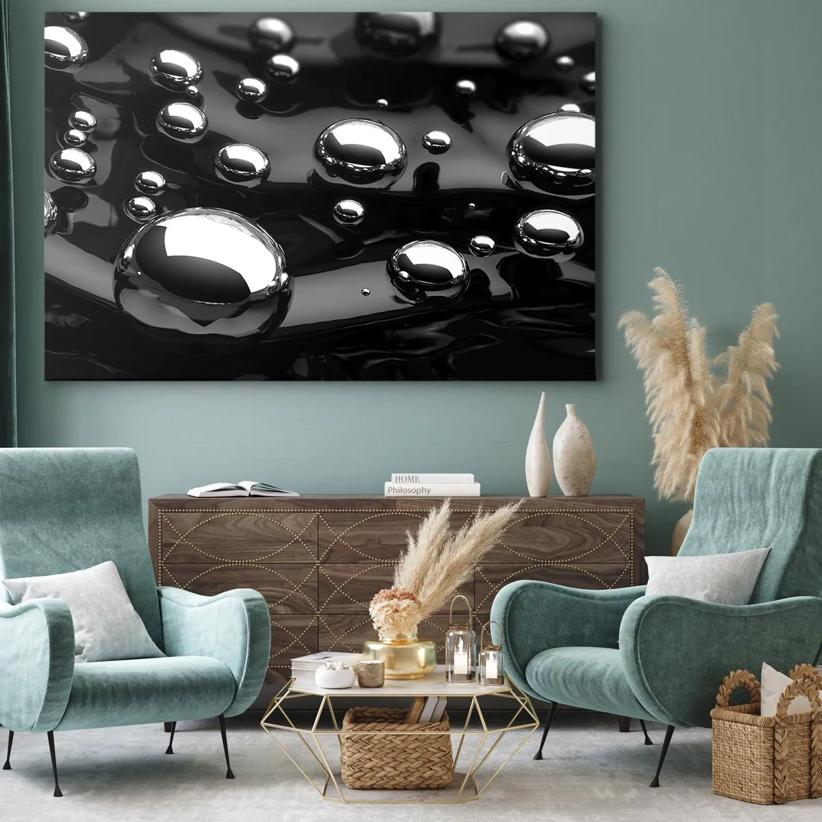 Schilderen op canvas - Abstracte druppels op een zwart oppervlak - 70x50cm - Uit het zwarte water - Moderne wanddecoratie voor woonkamer en slaapkamer ARTTOR