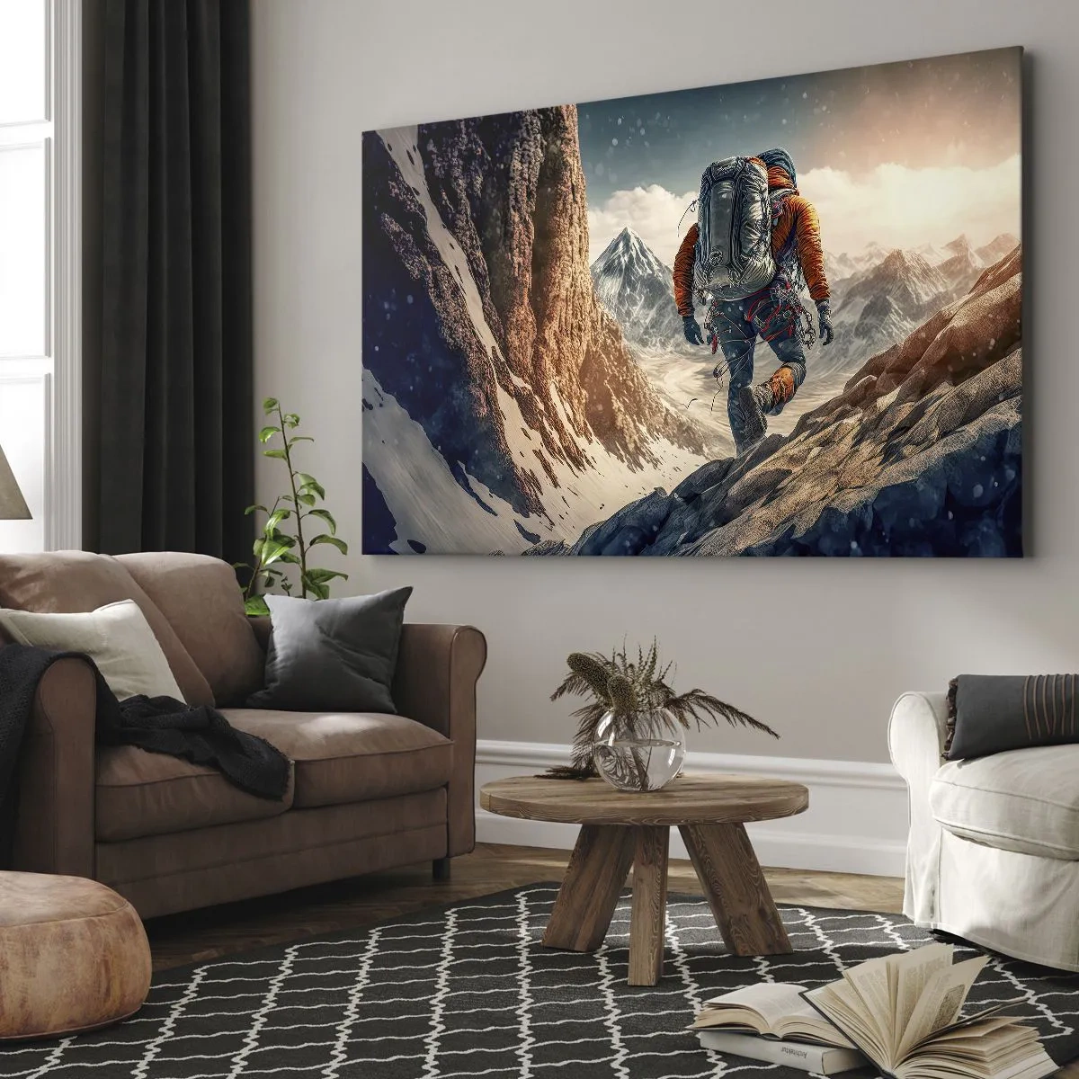 Schilderen op canvas - Een klimmer op een bergpad in een winterlandschap - 70x50cm - Eenzame strijder - Moderne wanddecoratie voor woonkamer en slaapkamer ARTTOR