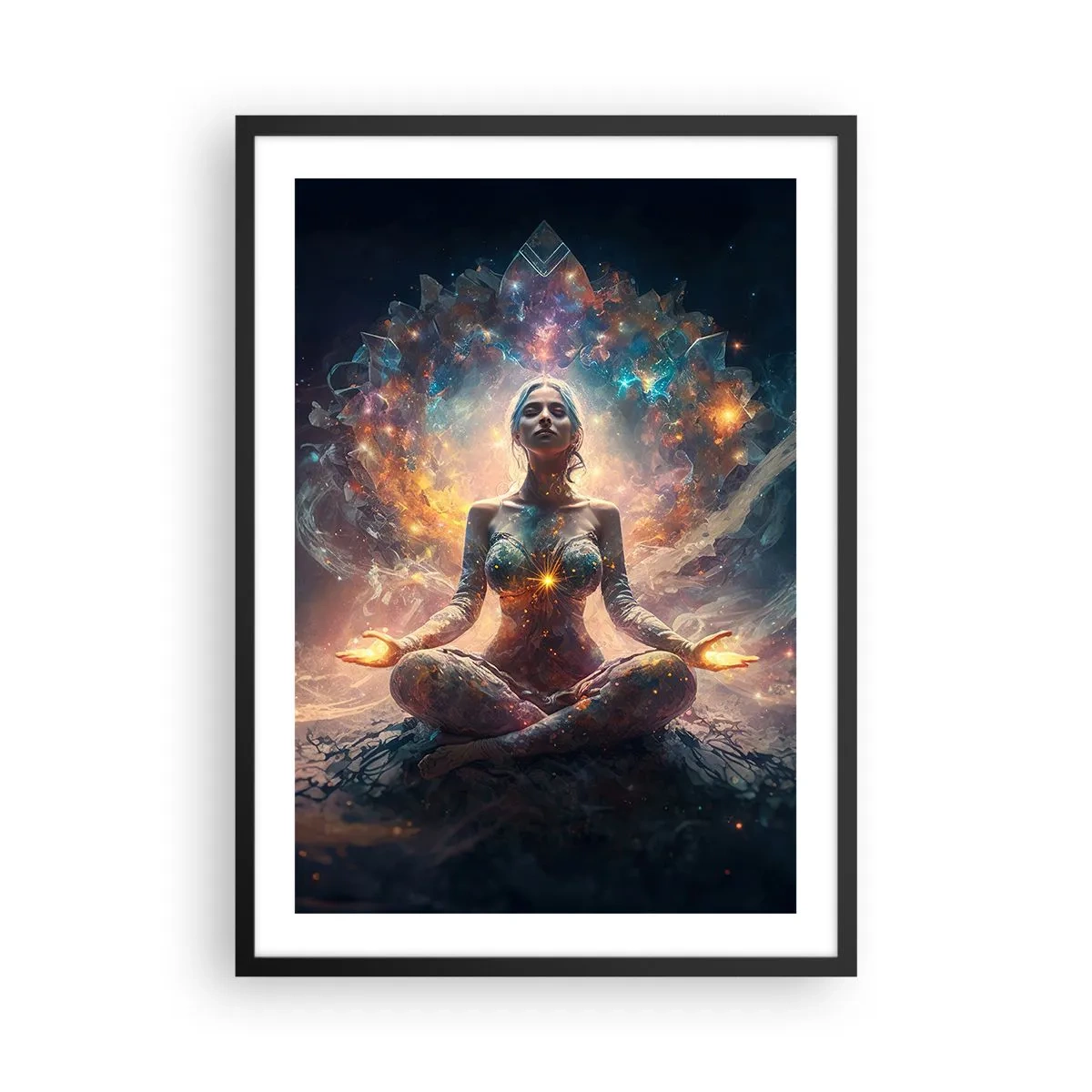 Poster in een zwarte lijst - Mystieke meditatie omgeven door kosmische energie - 50x70cm - Stroom van goede energie - Moderne wanddecoratie voor woonkamer en slaapkamer ARTTOR