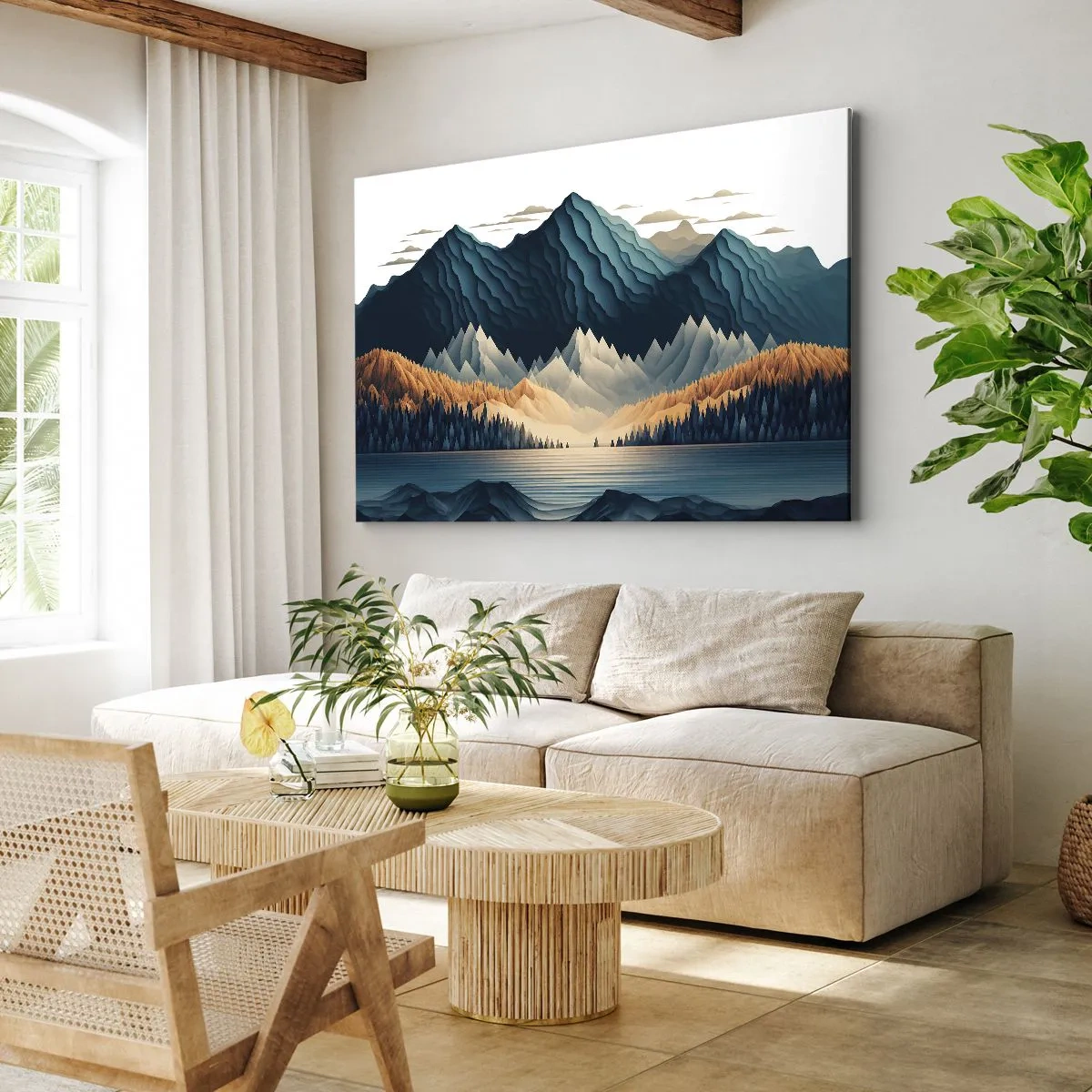 Schilderen op canvas - Schilderachtige bergen boven het meer bij zonsondergang - 70x50cm - Perfect berglandschap - Moderne wanddecoratie voor woonkamer en slaapkamer ARTTOR