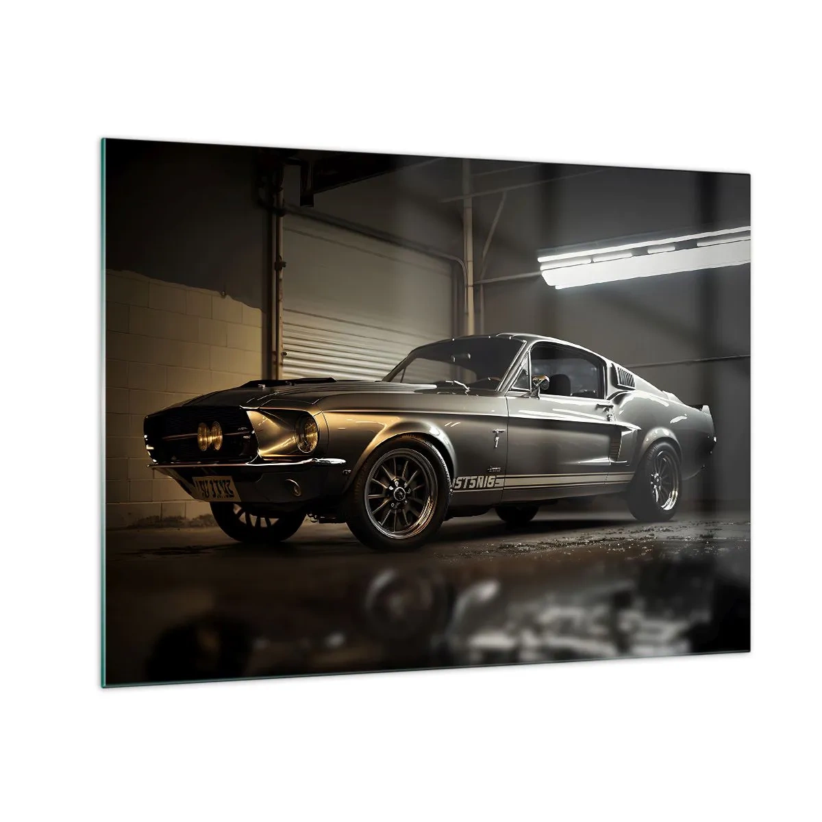 Schilderen op glas - Klassieke auto in garage onder industriële verlichting - 70x50cm - Terug naar het verleden - Moderne wanddecoratie voor woonkamer en slaapkamer ARTTOR