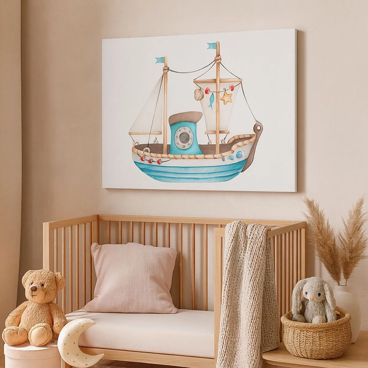 Schilderen op canvas - Illustratie van een schip in pastelkleuren op een witte achtergrond - 70x50cm - Ahoi, avontuur! - Moderne wanddecoratie voor woonkamer en slaapkamer ARTTOR