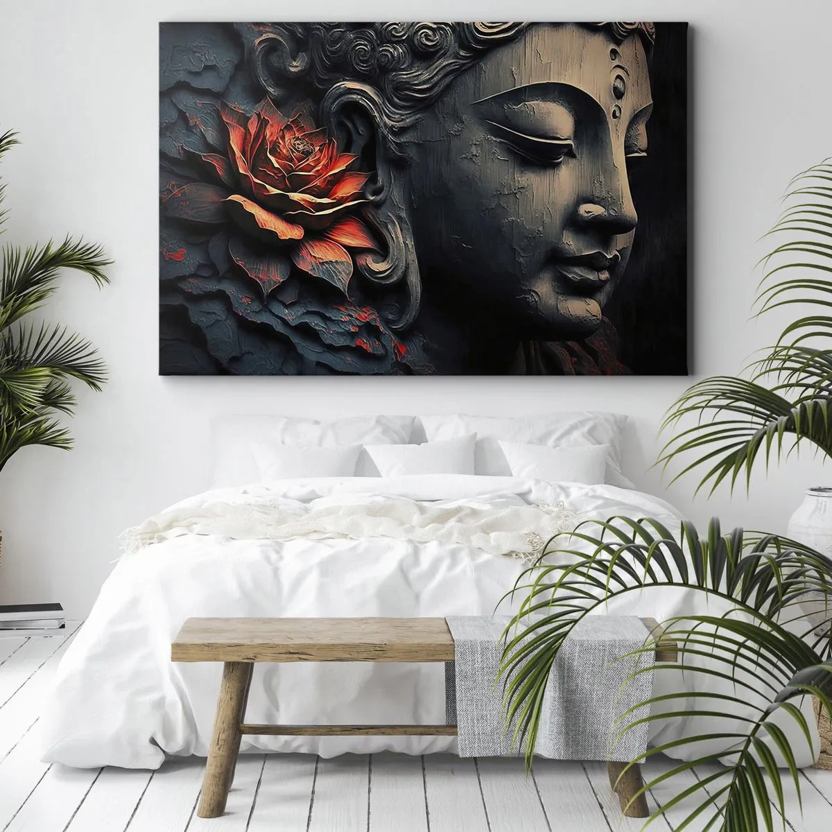 Schilderen op canvas - Boeddhabeeld met een rode lotusbloem - 70x50cm - In harmonie met de wereld - Moderne wanddecoratie voor woonkamer en slaapkamer ARTTOR